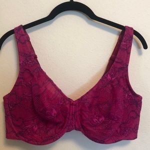 40DDD Cacique lace bra in fuchsia with navy detail, unlined underwire. Like new